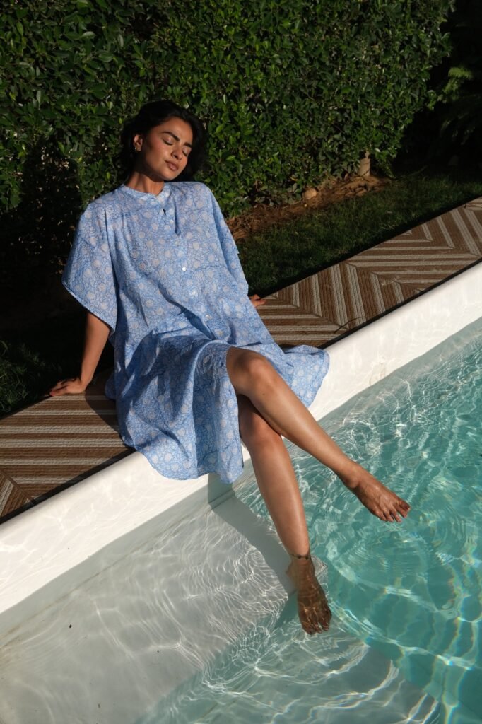 Azure Breeze Printed Kaftan Dress
